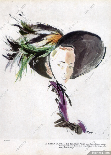 Paulette (Millinery) 1946 Black Velvet Hat, Paradis Feathers, Demachy