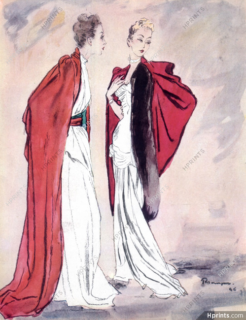 Marcelle Chaumont & Worth 1946 Evening Gown Mourgue Fashion Illustration