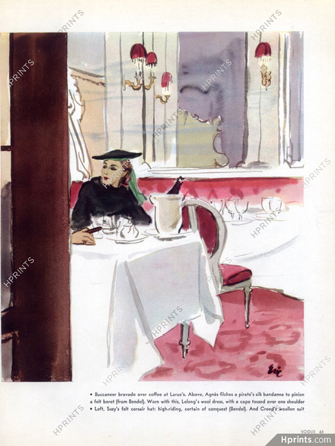 Madame Agnès 1936 Restaurant Larue, Lucien Lelong, Pirate's silk Bandanna, Eric