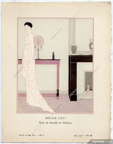 Est-ce lui ?, 1913 - Bernard Boutet de Monvel, Robe de dentelle de Redfern. La Gazette du Bon Ton, n°8 — Planche n°IX