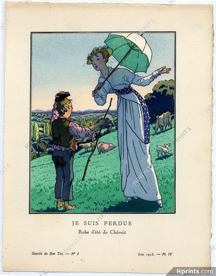 Je suis perdue, 1913 - Pierre Brissaud, Robe d'été de Cheruit. La Gazette du Bon Ton, n°8 — Planche IV