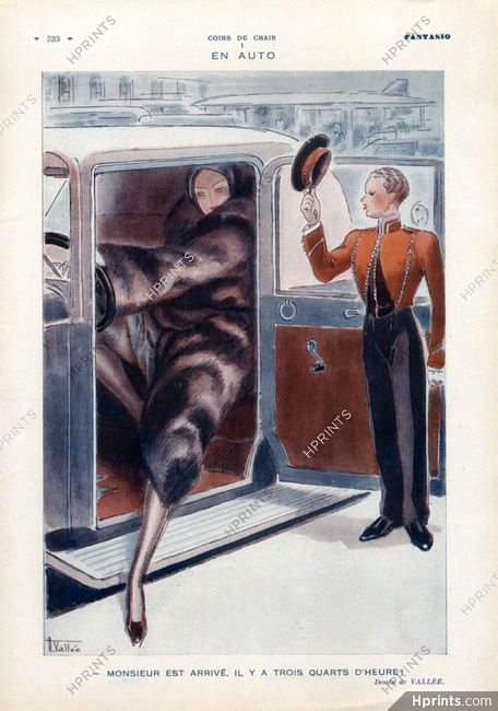 Armand Vallée 1931 "En Auto" Elegante, Fur Coat, Bellhop