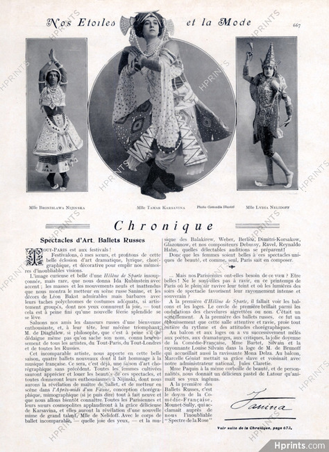 Chronique - Spectacles d'Art. Ballets Russes, 1912 - Tamara Karsavina Russian Ballet ''Le Dieu Bleu'' Léon Bakst's Costumes, Texte par Vanina