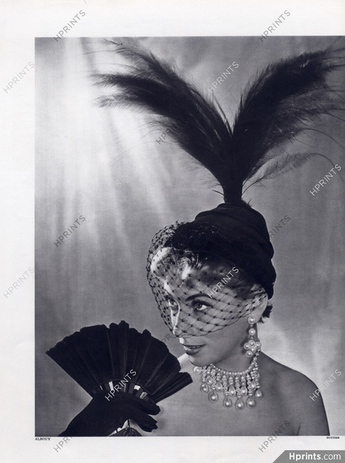 Albouy (Millinery) 1949 Toque du soir, Paradis noirs, Feathers Hat, Fan, Philippe Pottier