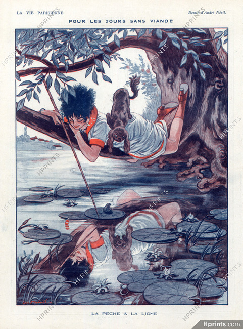 André Nevil 1918 "La pêche à la ligne" Fisherwoman, Pekingese Dog