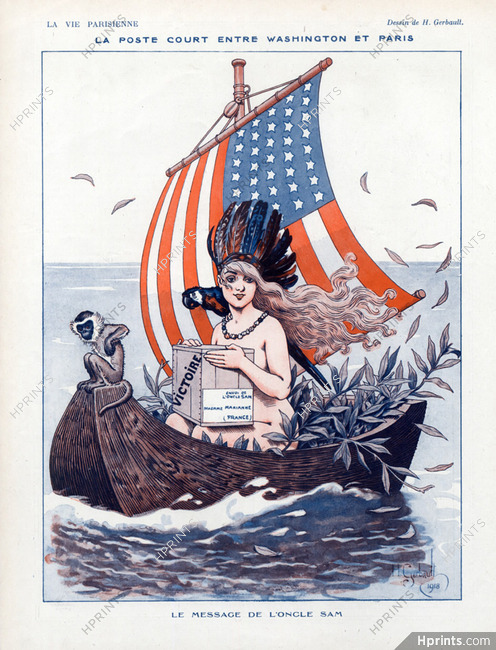 Henry Gerbault 1918 American Flag Message de L'Oncle Sam Marianne Parrot Monkey