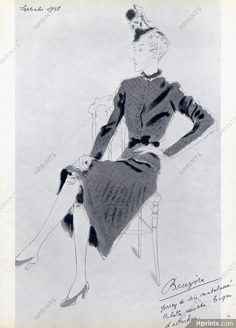 Bruyère (Couture) 1938 Jersey de soie matelassé, Suit, André Delfau