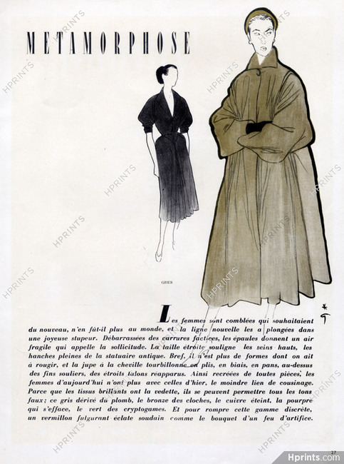 Grès (Germaine Krebs) 1951 Coat, René Gruau, Fashion Illustration