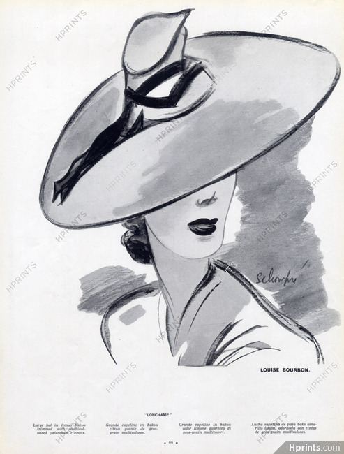 Louise Bourbon (Millinery) 1940 Large Hat and Ribbons Schompré
