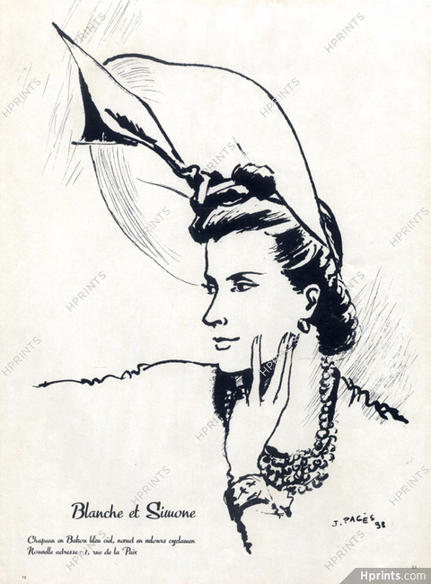 Blanche Et Simone 1938 Chapeau en bakou bleu ciel, noeud en velours cyclamen, Jean Pagès
