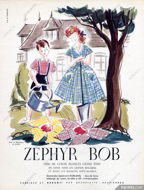 Dechelette Despierres (Fabric) 1954 Zephyr Bob, Bob & Boblaine in the Garden