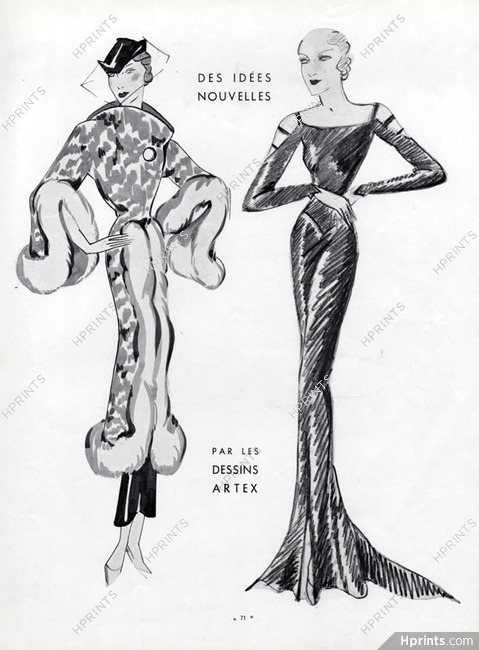 Artex 1934 Fashion Illustration Evening Gown & Coat