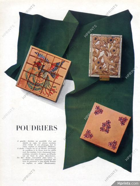 "Poudriers" 1944 Powder Compacts Birds, Flowers, Mellerio, Boucheron, Mauboussin