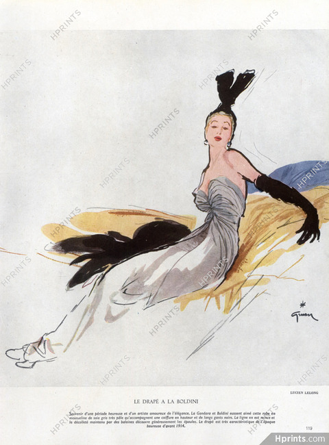 Lucien Lelong 1946 Drapé a la Boldini Evening Gown René Gruau