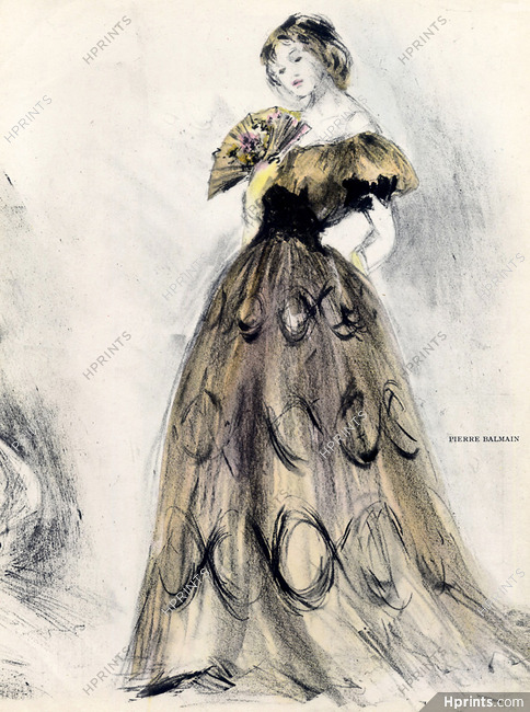 Lila de Nobili 1948 P2 Pierre Balmain, Evening Gown, Fashion Illustration