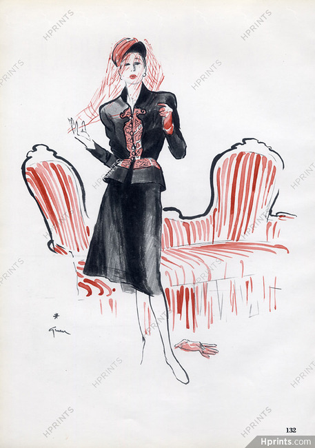 Schiaparelli 1946 Fashion Suit René Gruau