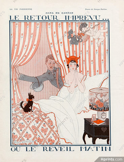 George Barbier 1918 ''Le Retour Imprévu...'' Babydoll Sexy Looking Girl in Bed