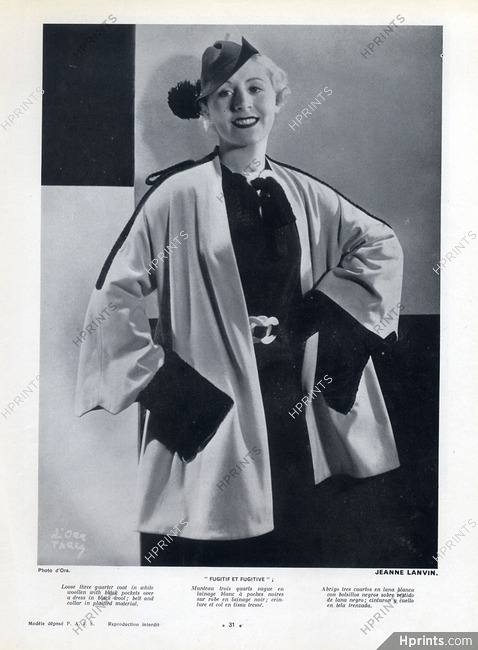 Jeanne Lanvin 1936 Loose Three Guarter Coat