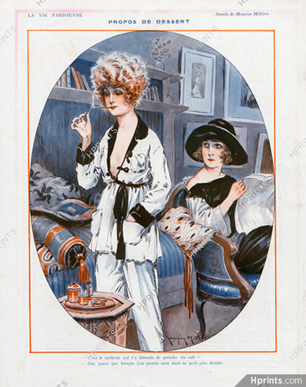 Maurice Millière 1923 Two Women Cigarette Holder, Pajamas