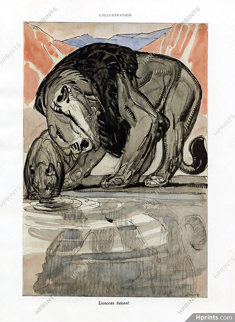 Paul Jouve 1930 Lion and Lion Cub Drinking