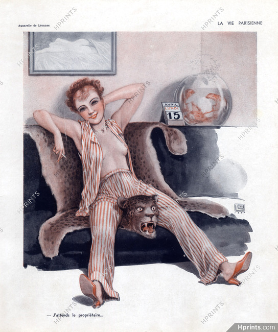 Georges Leonnec 1935 Sexy Girl Topess, Pajamas, Panther Fur