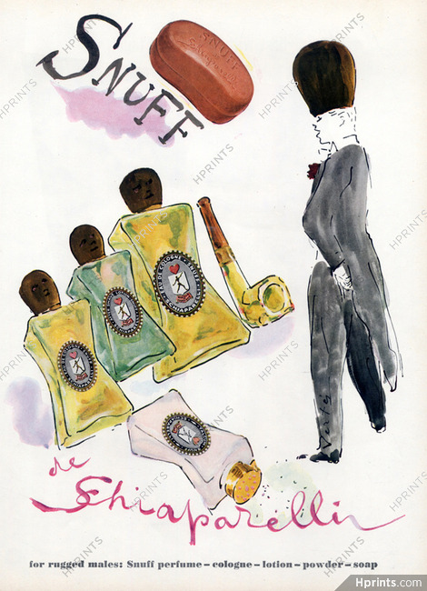 Schiaparelli (Perfumes) 1947 Snuff, Cologne Lotion, Powder, Soap For Man, Marcel Vertes