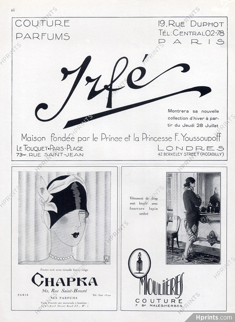 Irfé (Couture) 1927 Prince et Princesse F.Youssoupoff, Address: 19 rue Duphot, Paris