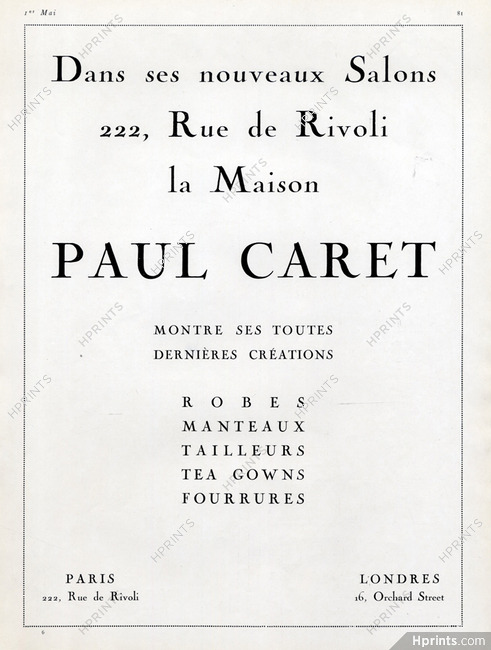 Paul Caret (Couture) 1924 Address 222 rue de Rivoli Paris