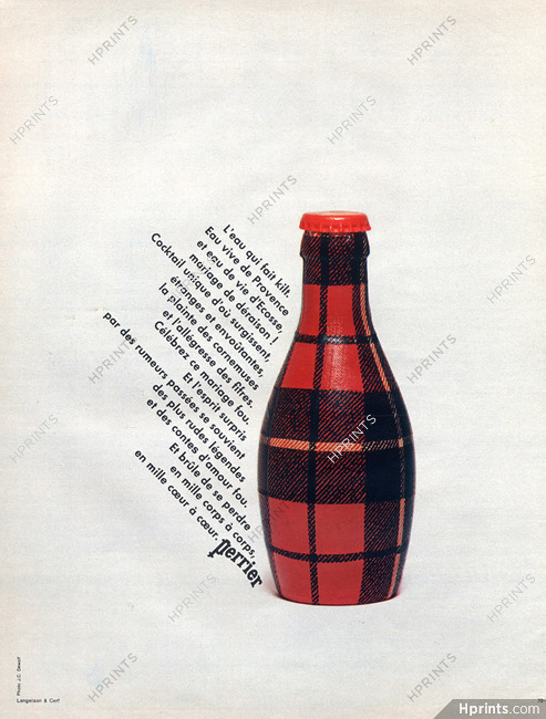 Perrier 1970 L'eau qui fait Kilt... Photo J.C Dewolf, Scottish Bottle