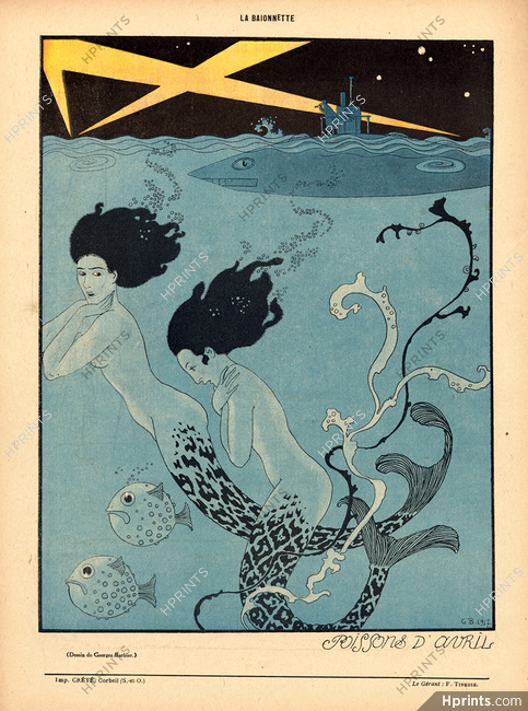 George Barbier 1917 Poissons d'Avril, Mermaids Submarine