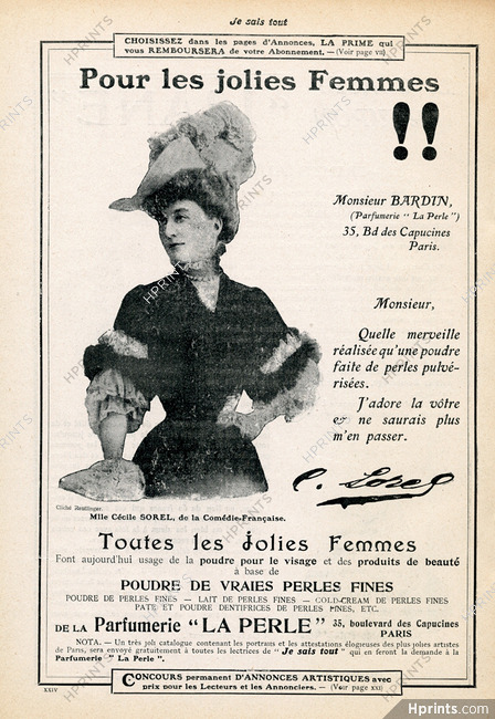 La Perle (Perfumes) 1905 Cécile Sorel, Autograph