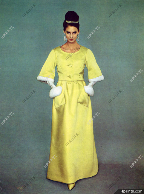 Lanvin Castillo 1962 yellow bolero, Evening Gown, fur