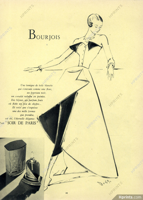 Bourjois (Perfumes) 1949 Soir De Paris Delfau Fashion Illustration Evening Gown