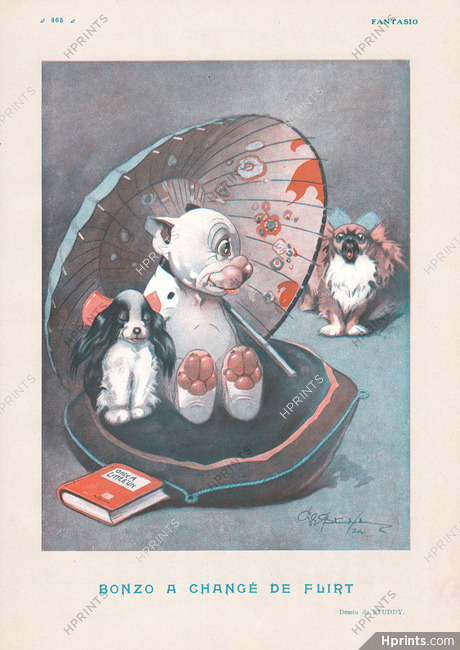George E. Studdy 1925 Bonzo Changed Flirtation Caricature Bull-Dog Pekingese Dog Umbrella