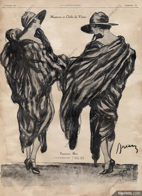 Fourrures Max 1921 Etienne Drian, Mink Fur Coat & Châle, Fashion Illustration