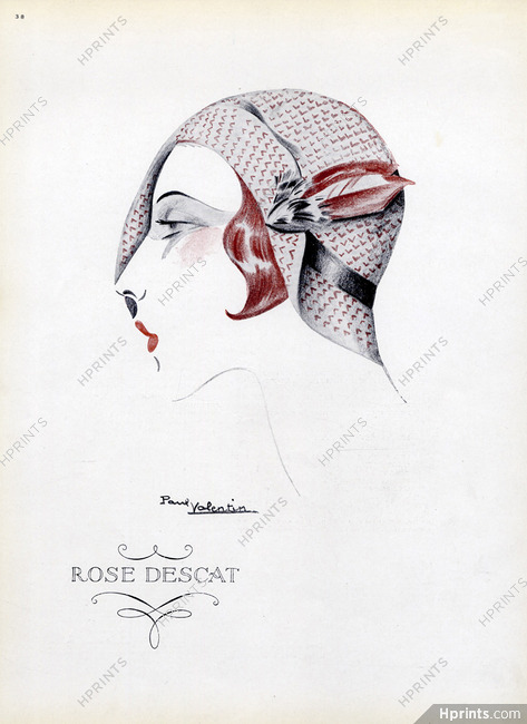 Rose Descat (Millinery) 1929 Paul Valentin Fashion Illustration Hat Art Deco Style