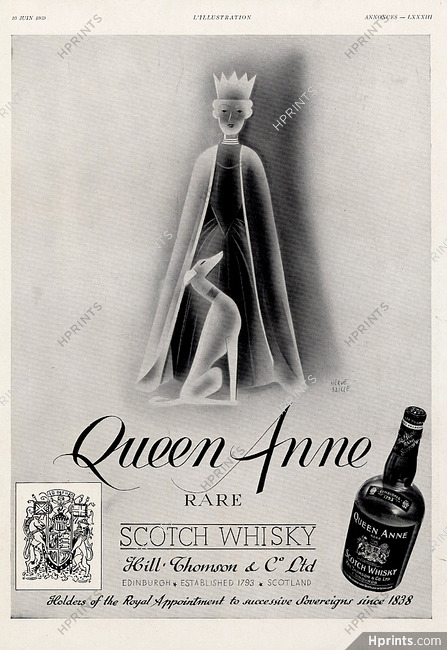 Queen Anne 1939 Whisky Label, Sighthound, Hervé Baille