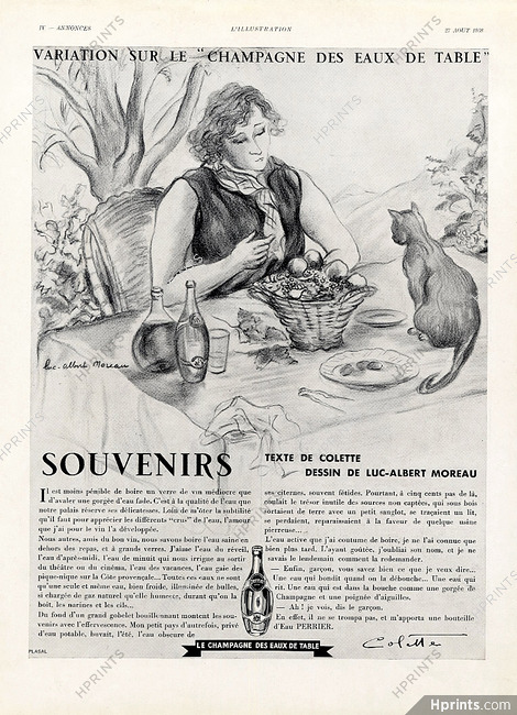 Perrier (Water) 1938 Le Champagne des Eaux de Table, Portrait, Luc-Albert Moreau, Text Colette