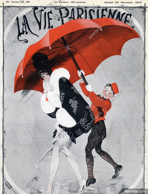 Georges Léonnec 1913 Elegant Parisienne Bellhop Umbrella