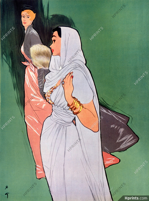 René Gruau 1948 Jacques Griffe Pink Dress Pierre Balmain Evening Gown Fashion Illustration