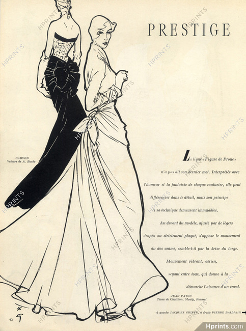 René Gruau 1948 Carven & Jean Patou Fashion Illustration Evening Gown
