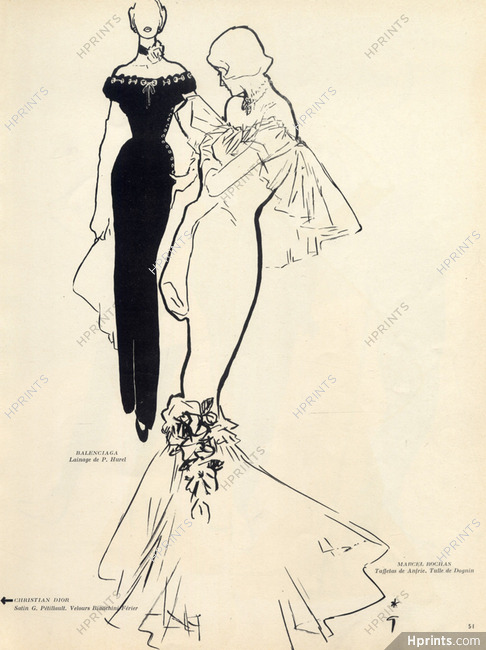 René Gruau 1948 Balenciaga Marcel Rochas Evening Gown Fashion Illustration