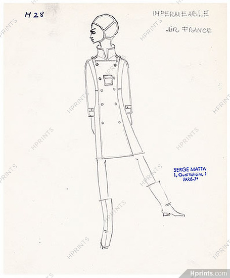 Serge Matta 1960 Original Fashion Drawing N°9 Air France Hostess
