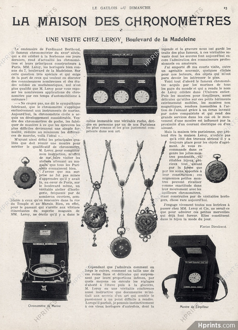 La Maison des Chronomètres, 1908 - Leroy Chronomètre de Marine, Montre de Torpilleur, Montres Pendentifs, Texte par Florian Dieudonné