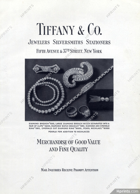 Tiffany & Co. 1936 Diamond Brooch, Clip, Watch Bracelet, Ring, Pearl Necklace