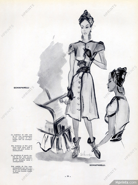Schiaparelli 1940 Dress Pink Linen, Belt and Turban, Schompre, Fashion Illustration