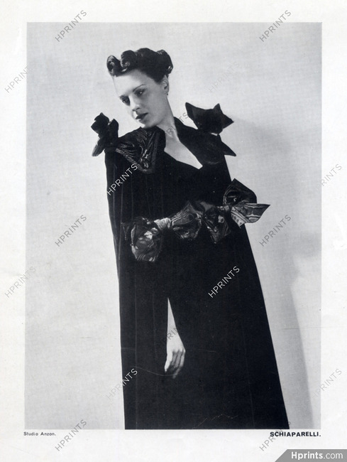 Schiaparelli 1937 Evening Gown, Black Moire Ribbon, Cape, Fashion Photography Anzon