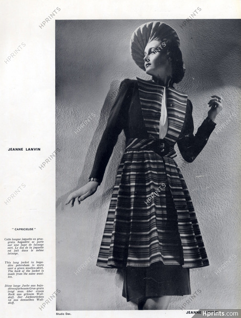 Jeanne Lanvin 1939 Model Capricieuse, Long Jacket in Bayadere, Fashion Photography Dax