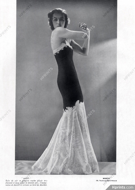 Worth 1939 Robe du soir plissée, Large volant en dentelle ocre, Evening Gown, Photo Joffé