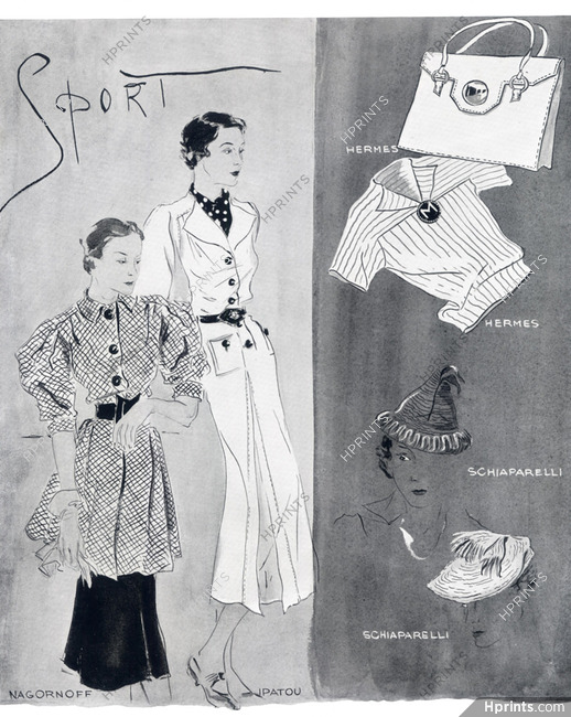 Nagornoff & Patou (Fashion) 1935 Hermès Handbag & Blouse, Schiaparelli Hats